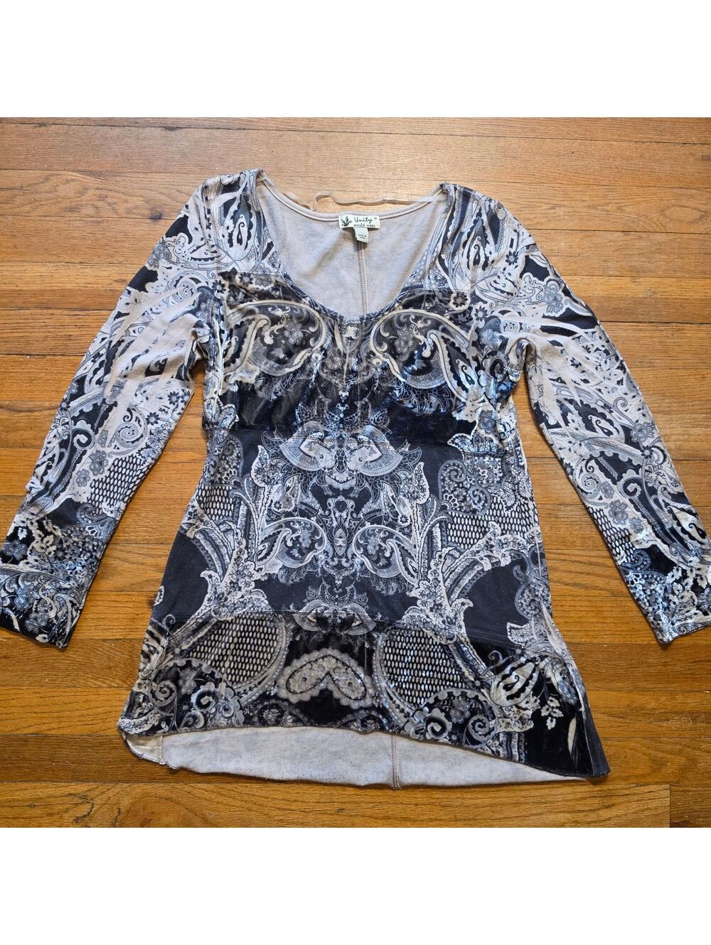 Boho velvet poly blend long sleeve babydoll top